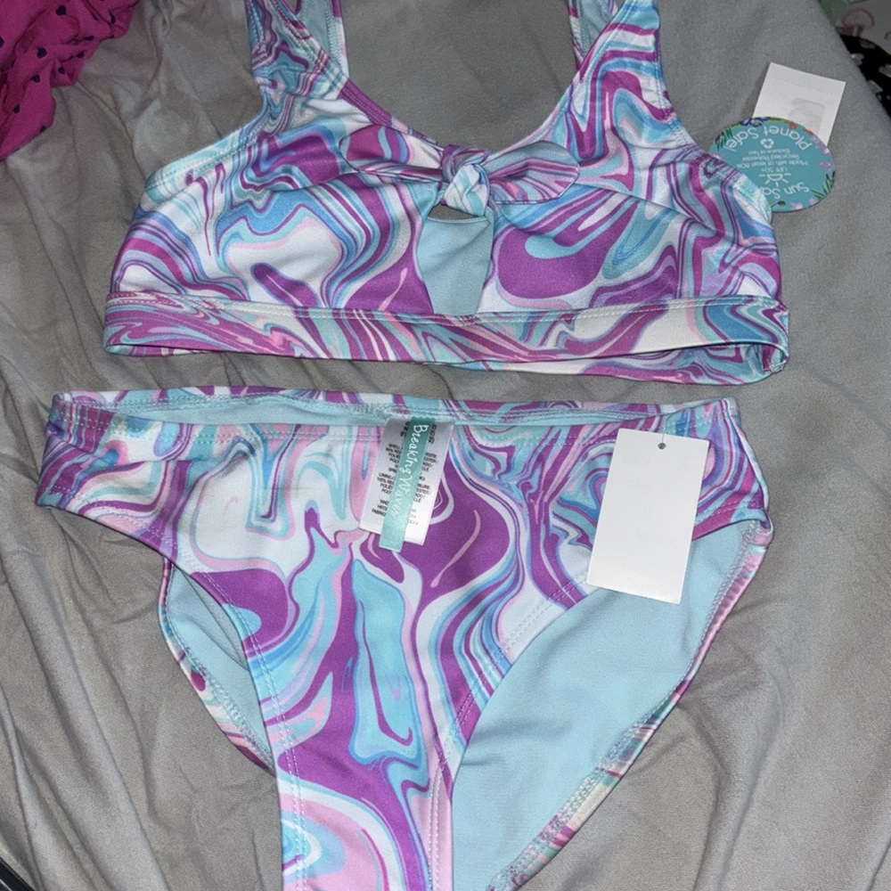 Girls breaking waves keyhole bow bralette swim top and bottom